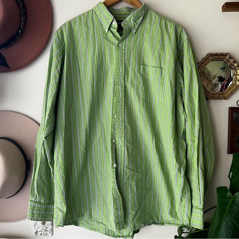 RALPH LAUREN Vintage Buttondown‎ green striped Men’s SIZE XL 2 ply cotton